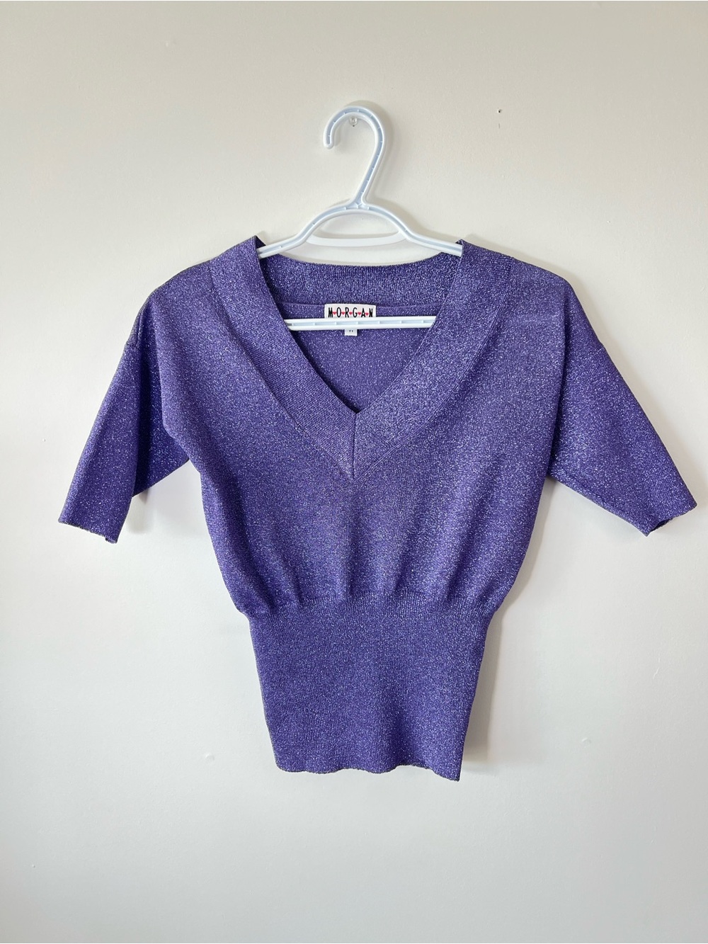 Vintage Morgan Tricot Sparkle Purple V-Neck Short Sleeve Top